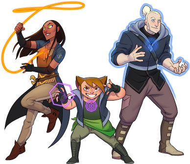 Crystal Heart's hero characters: Muna, Raffaela, and Mac