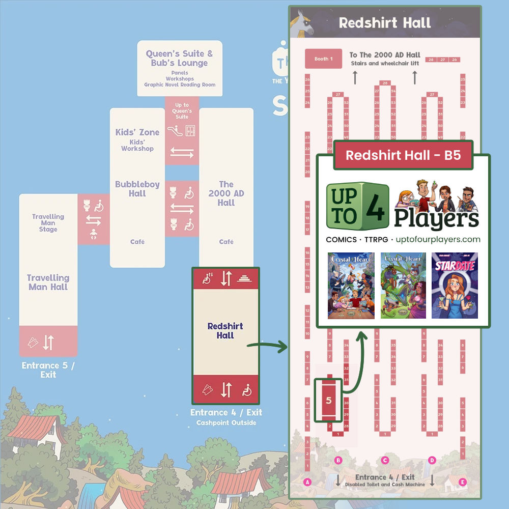Thought Bubble 2026 map, focusing on Up to Four Players in Redshirt Hall, table B5